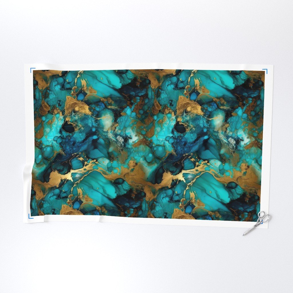 Turquoise and Gold Alcohol Ink 1 Fabric inky pattern fabric