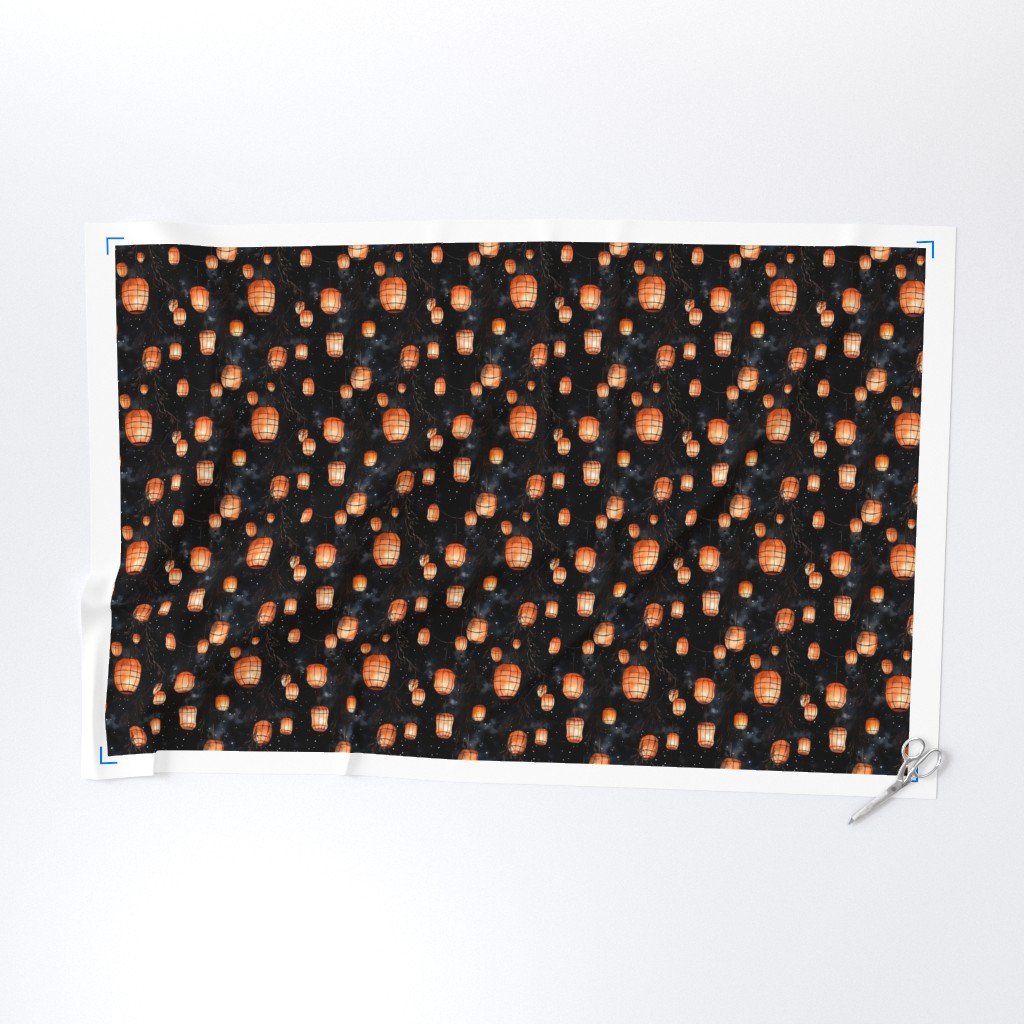 Small Orange Glowing Chinese Paper Lanterns Watercolor Fabric floating lanterns fabric