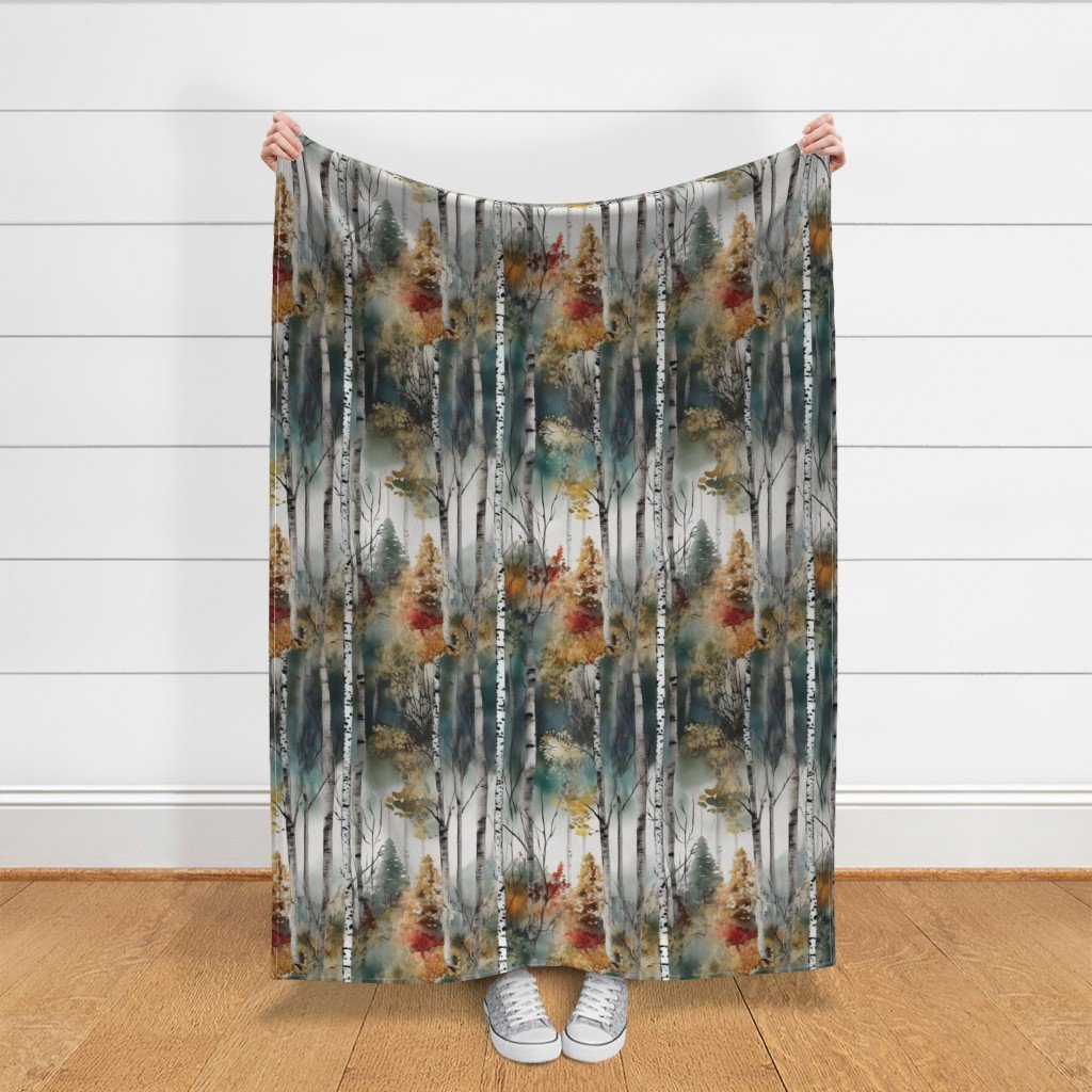 Endless Birch Tree Dreamscape Trees in Misty Forest Watercolor Fabric birch tree fabric