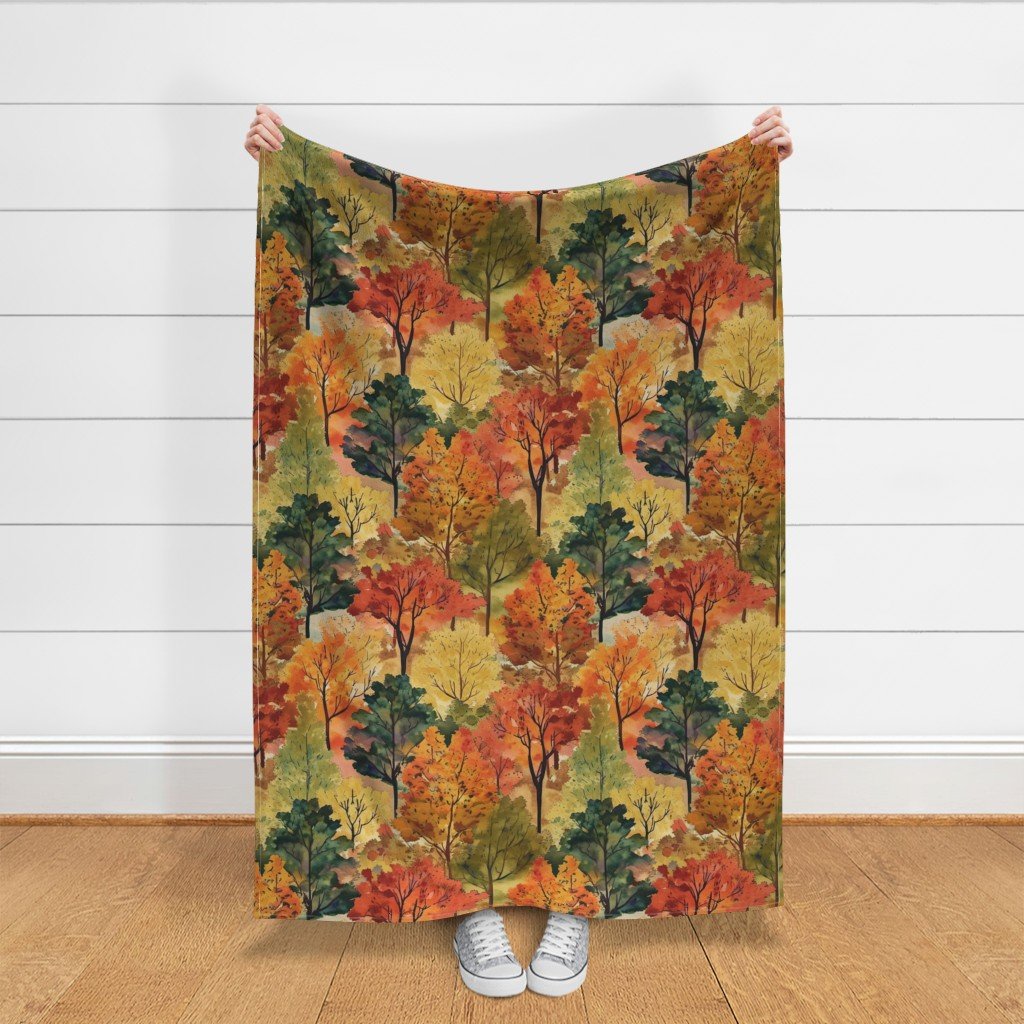 Watercolor of New England Endless Forest Fall Trees Fabric fall garden fabric