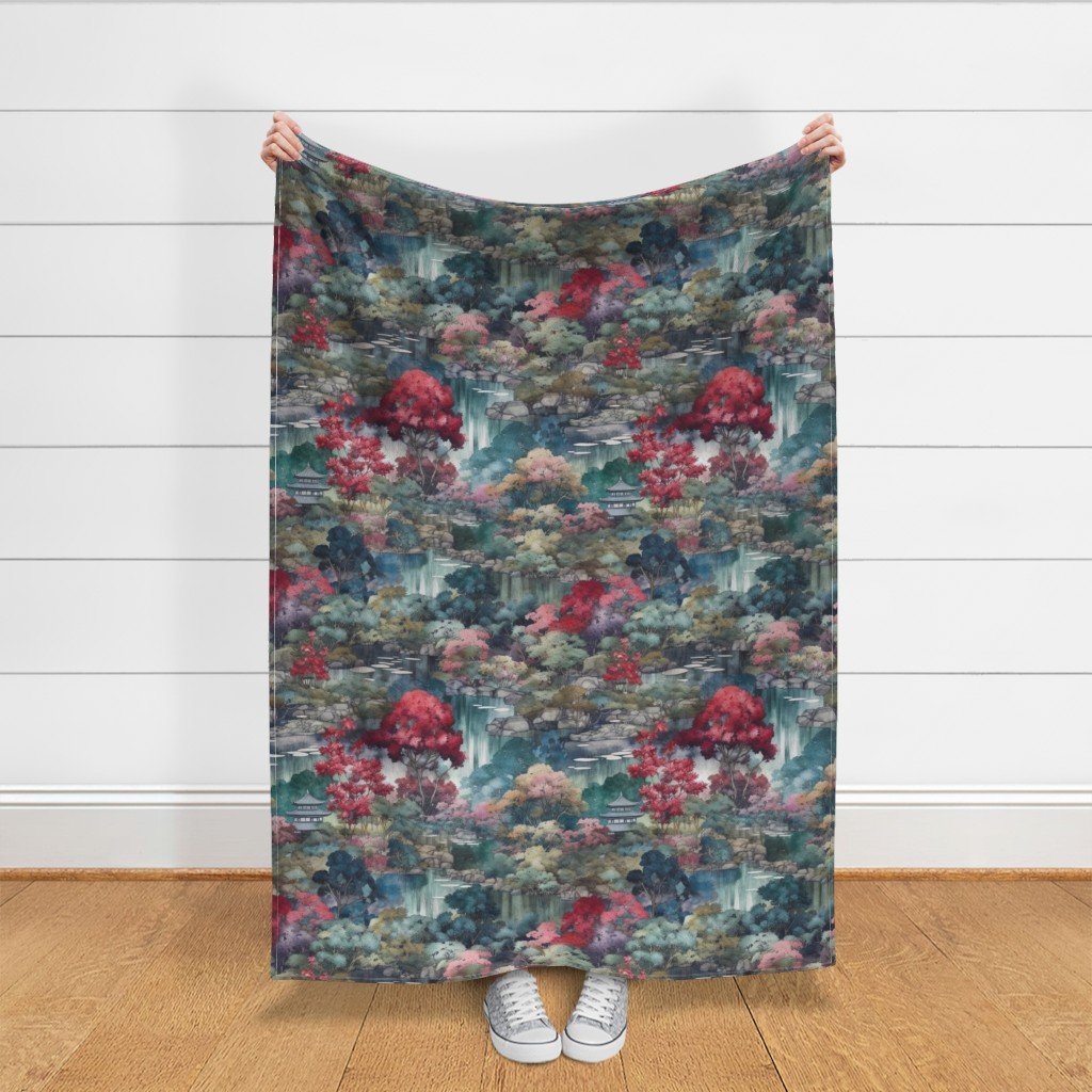 Japanese Water Garden Watercolor with Temples Fabric oriental gardens fabric