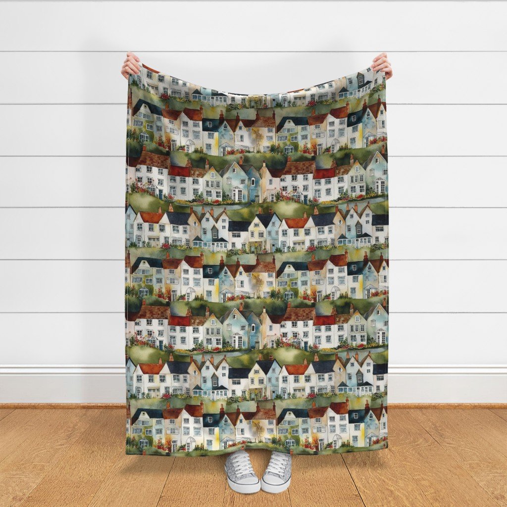 English Village Houses in Watercolor Fabric british fabric