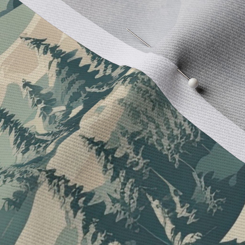 Small Vintage Ski Slope Cabins in Woods Blue Fabric ski village fabric