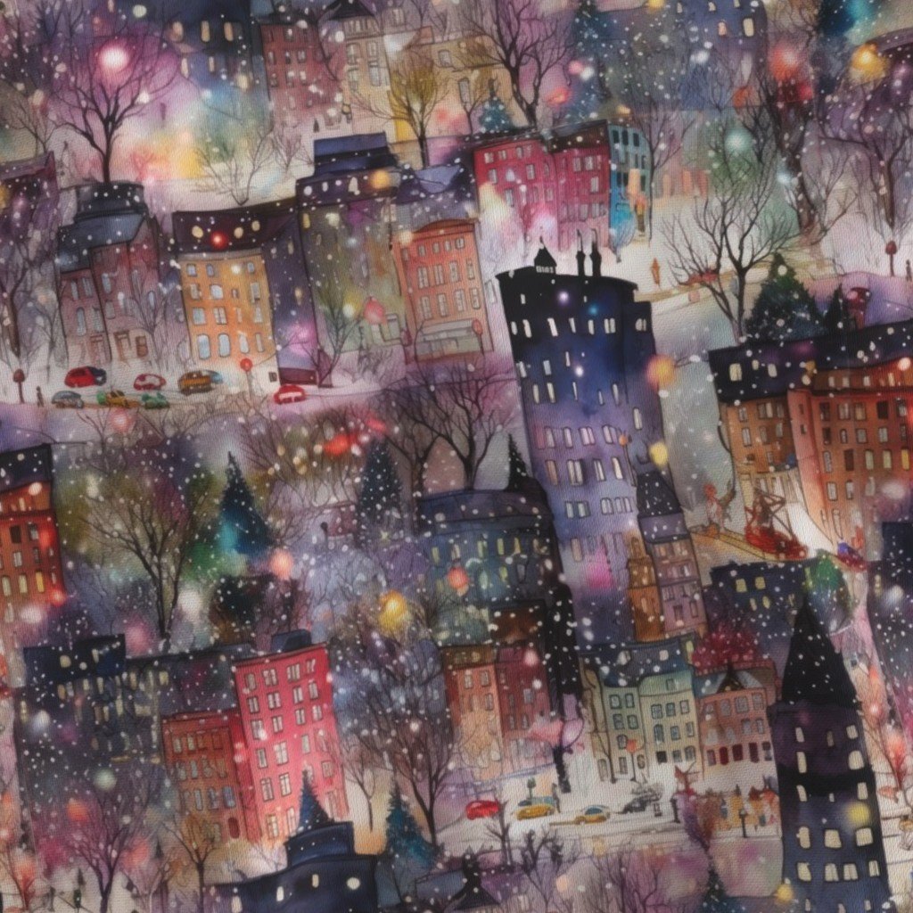 New York City Christmas Street Watercolor Fabric christmas lights fabric