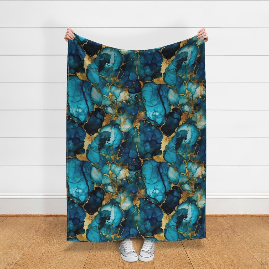 Blue Topaz with Gold Alcohol Ink Fabric blue topaz fabric