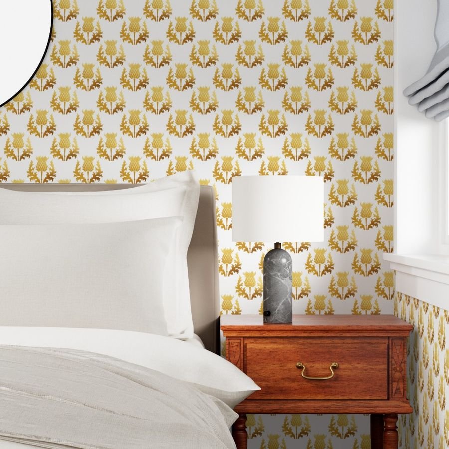Large Scottish Thistle Flower of Scotland Gold on White Wallpaper highland thistle wallpaper