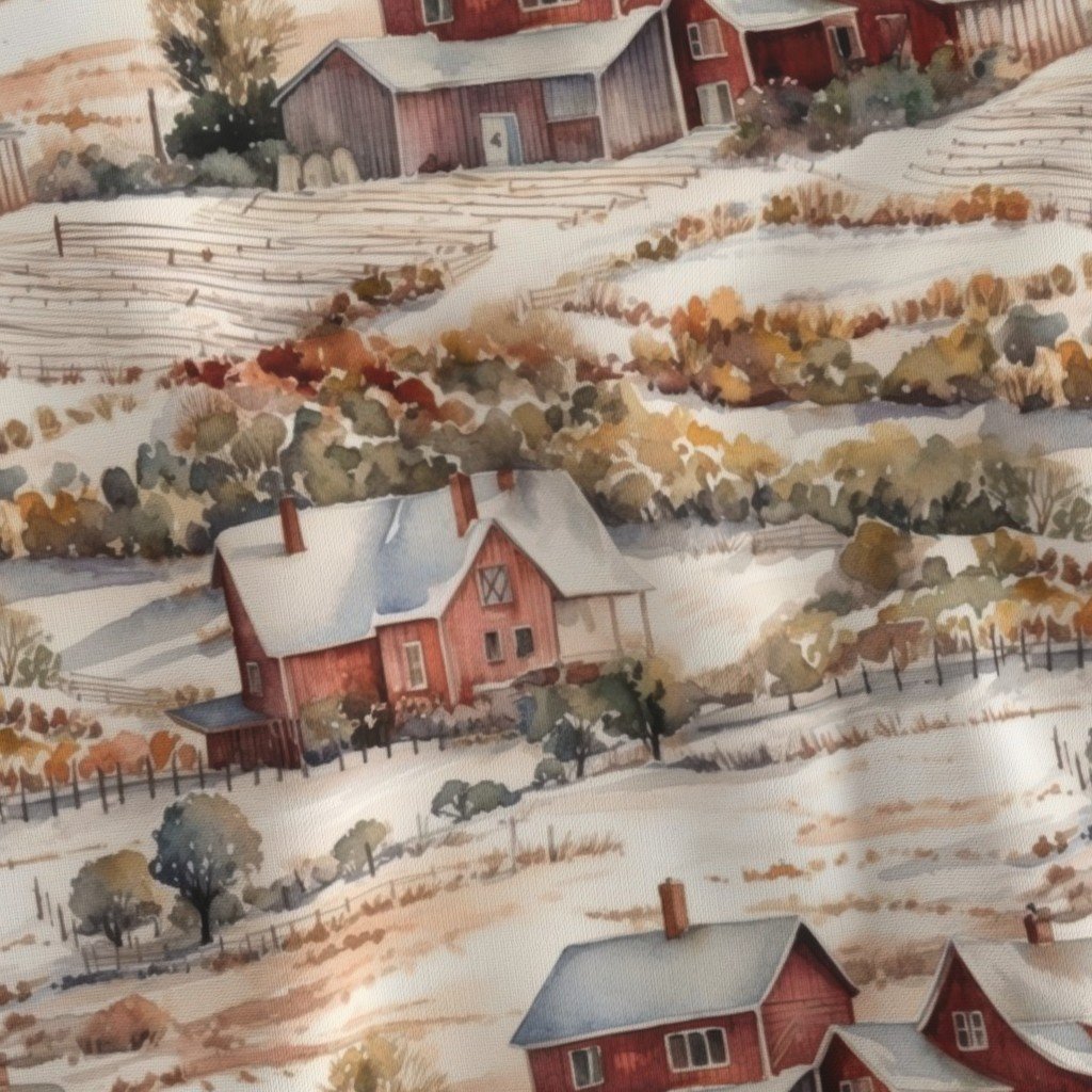 Winter Snowy Farm Landscape Watercolor Fabric farm landscape fabric