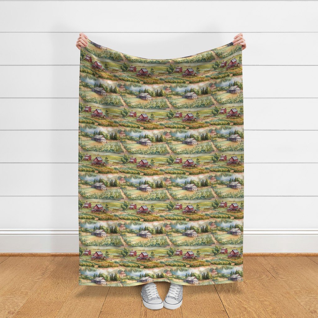 Summer Farm Landscape Watercolor Fabric farm landscape fabric