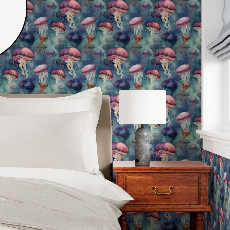 Underwater Watercolor of Brightly Colored Jelly Fish with Wallpaper aqua blue sea wallpaper
