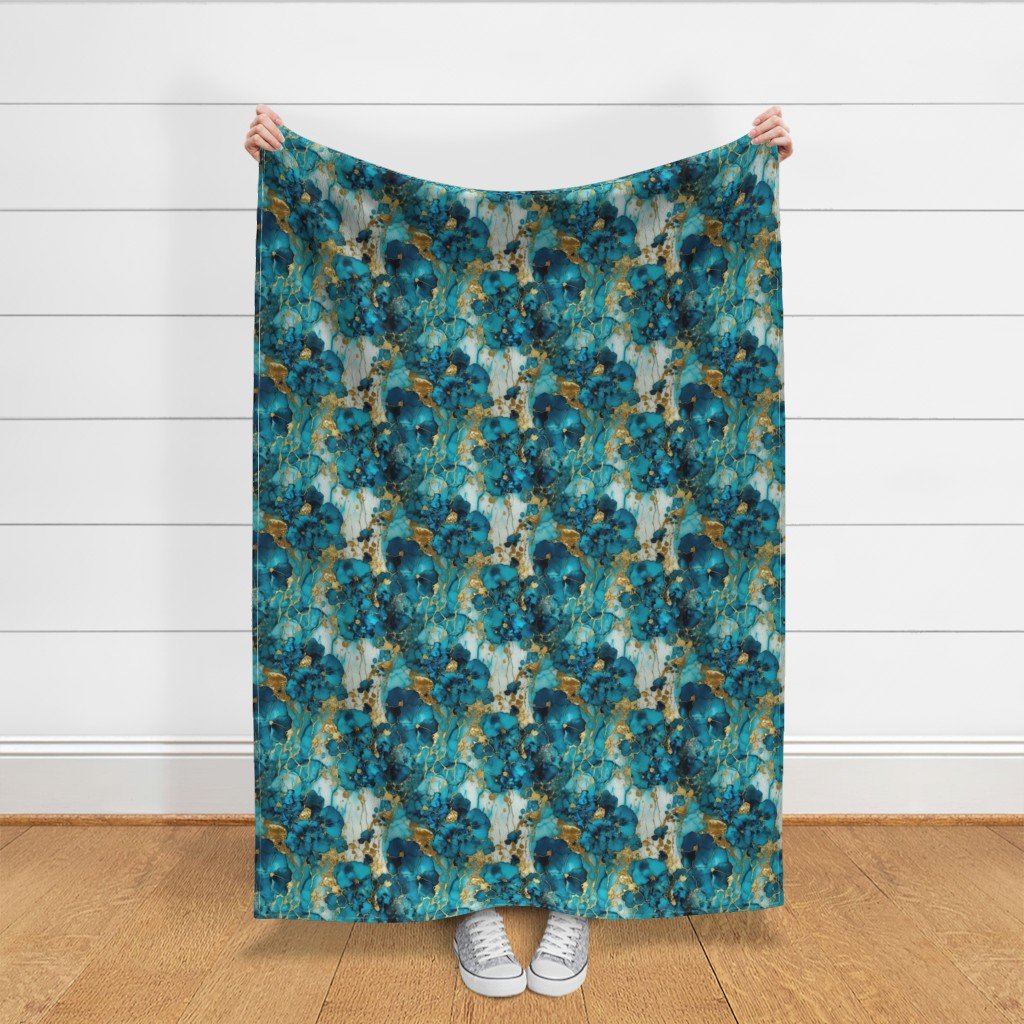 Small Turquoise and Gold Alcohol Ink 4 Fabric inky pattern fabric