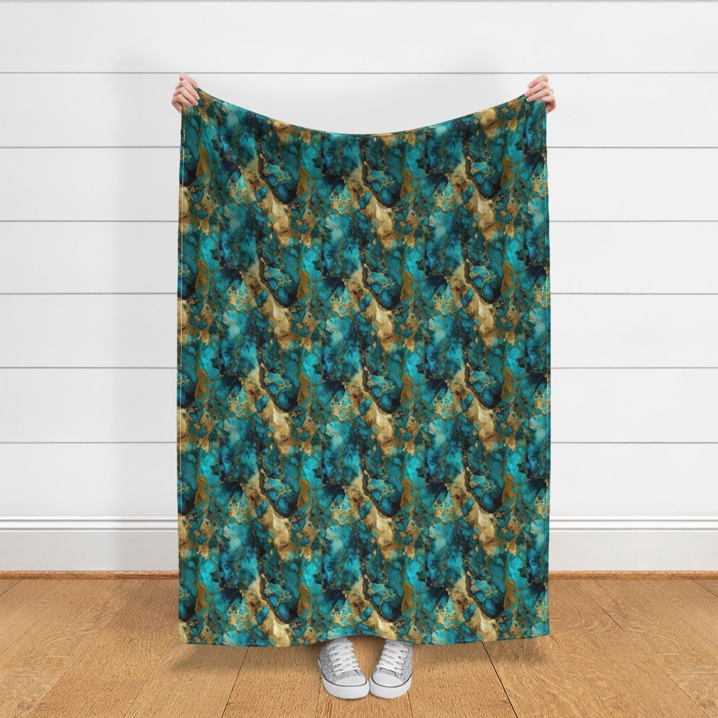 Small Turquoise and Gold Alcohol Ink 4 Fabric inky pattern fabric