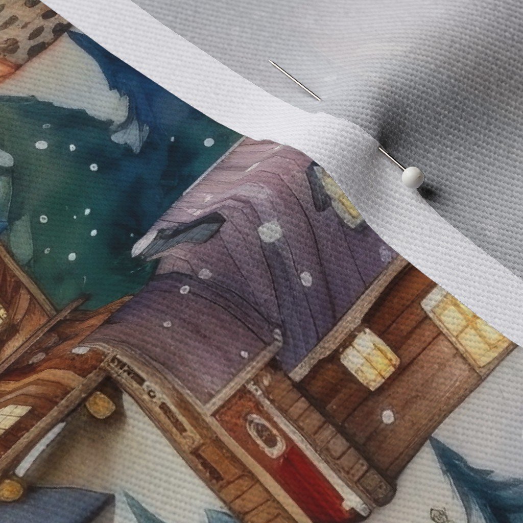 Small Christmas Rustic Country Winter Cabins Watercolor Fabric christmas scene fabric