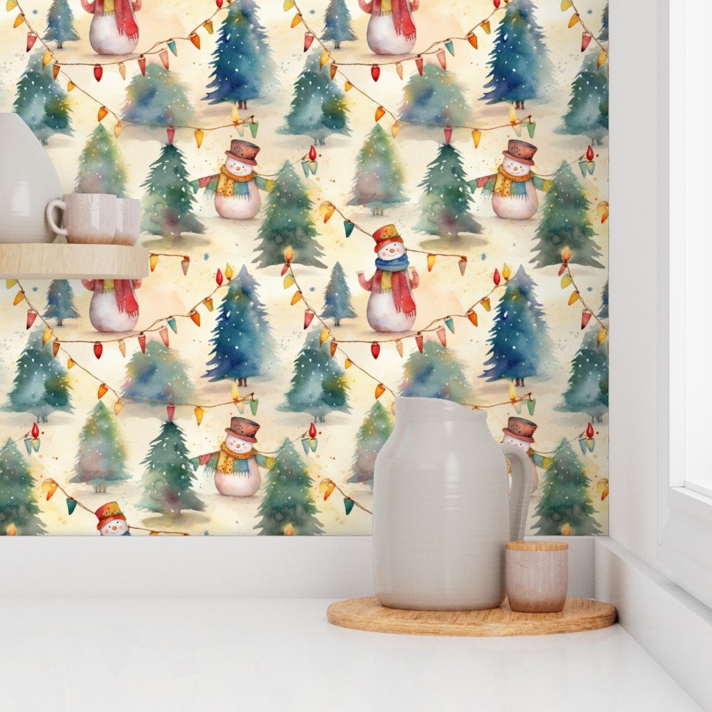 Christmas Snowmen with Christmas Lighted Trees Watercolor Wallpaper christmas scene wallpaper