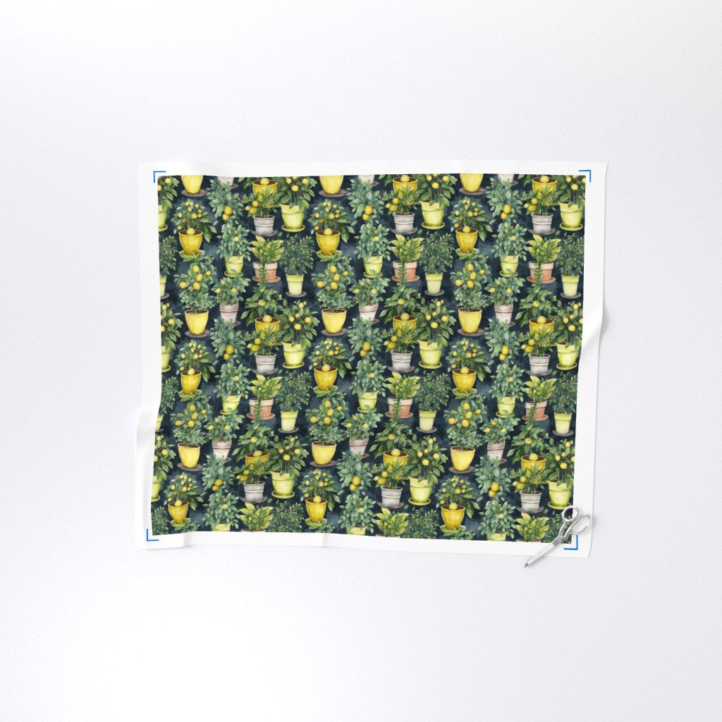 Potted Lemon Trees Watercolor on Dark Green Fabric lemon tree fabric