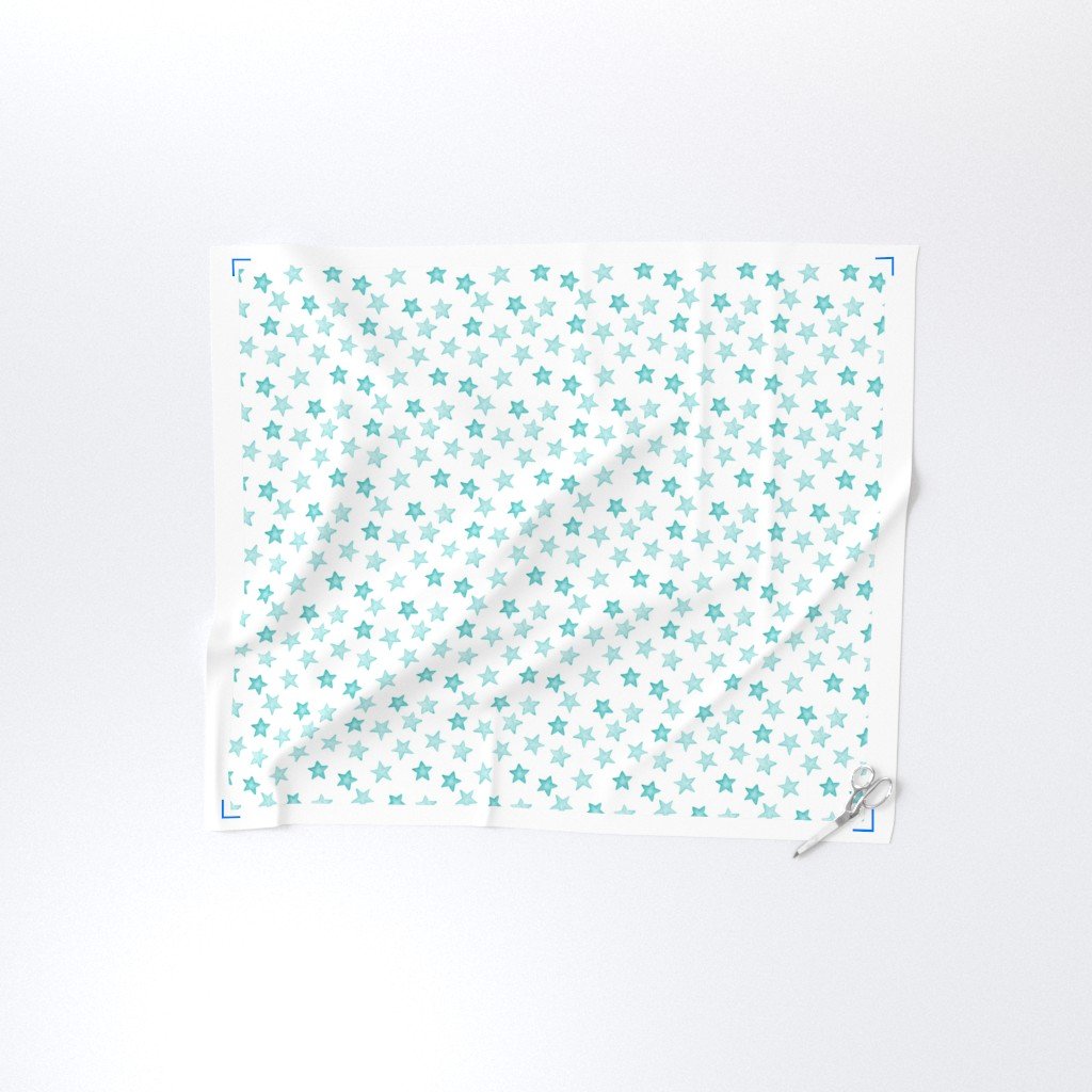 Faded Aqua Christmas Stars on White Fabric aqua stars fabric