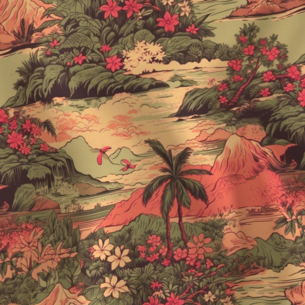 Small Vintage Hawaiian Landscape in Sage Green and Orange Fabric hawaiian village fabric