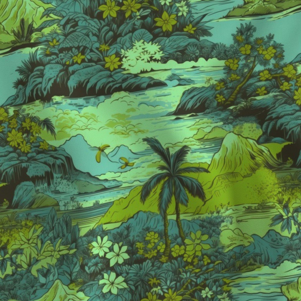 Small Vintage Hawaiian Landscape in Lime and Aqua Fabric hawaiian print fabric