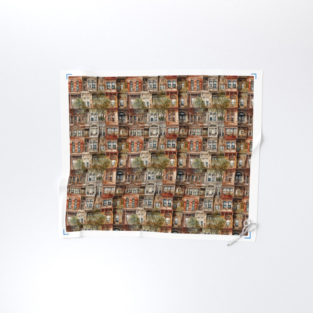 Brownstone Buildings in Varied Tones of Brown Watercolor Fabric brownstone buildings fabric