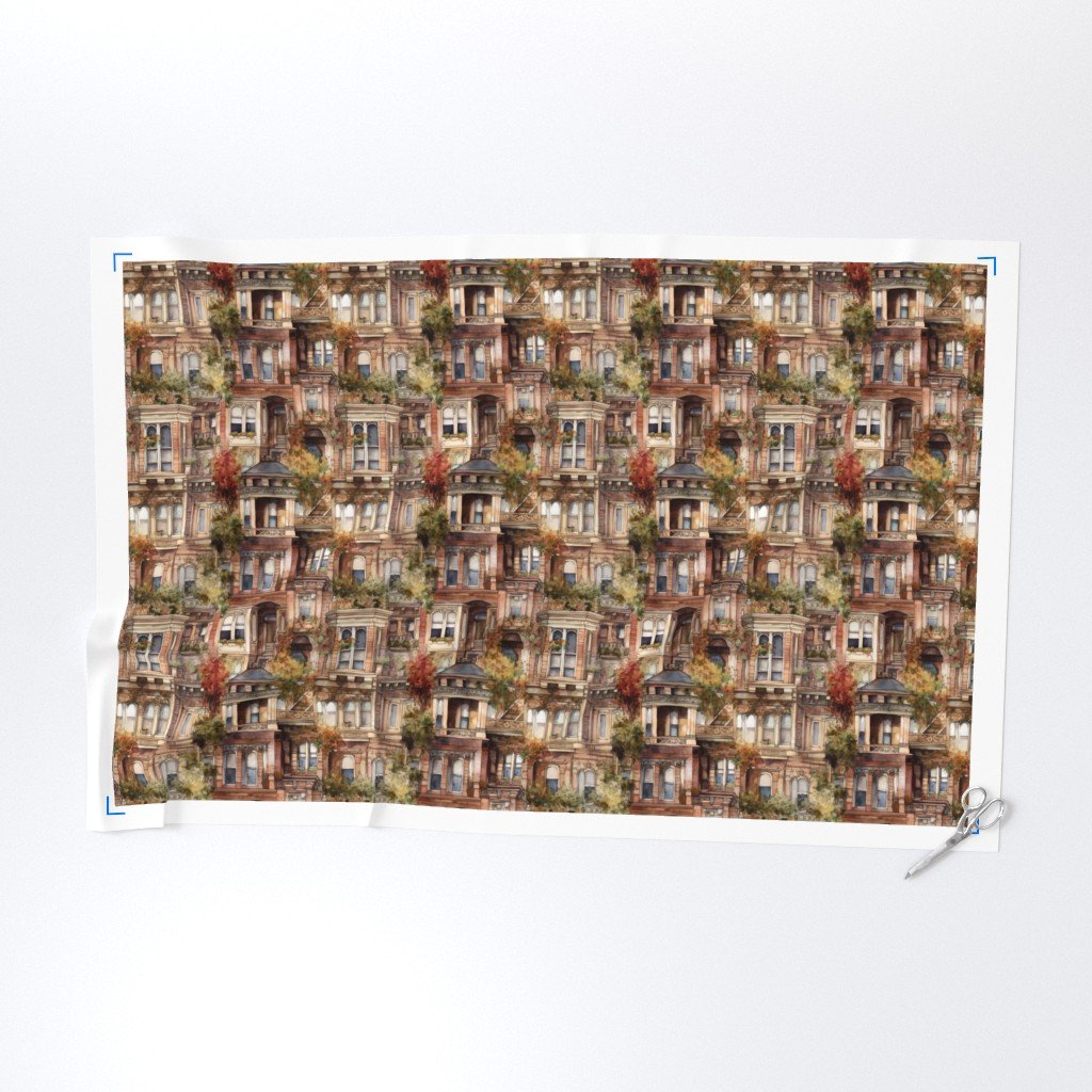 Brownstone Buildings in Varied Tones of Brown Watercolor Fabric brownstone buildings fabric