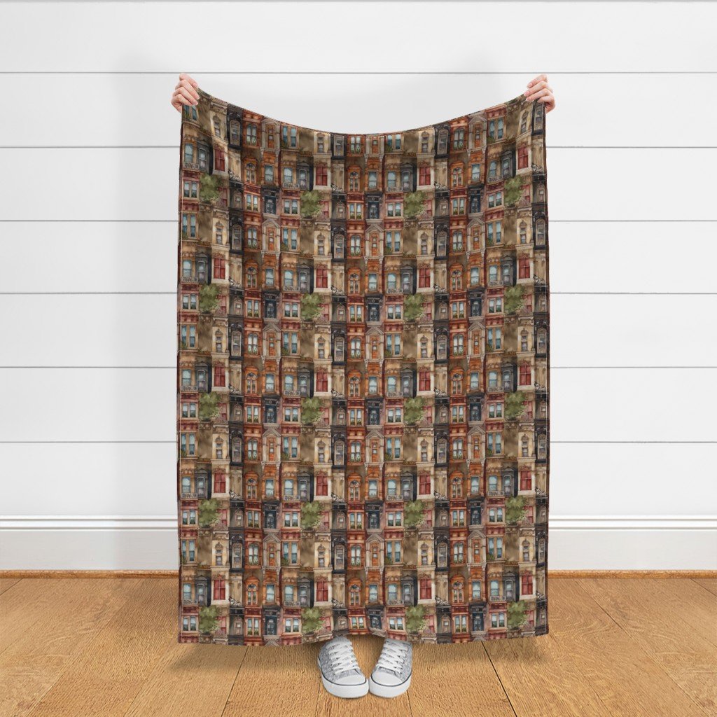 Brownstone Buildings in Varied Tones of Brown Watercolor Fabric brownstone buildings fabric