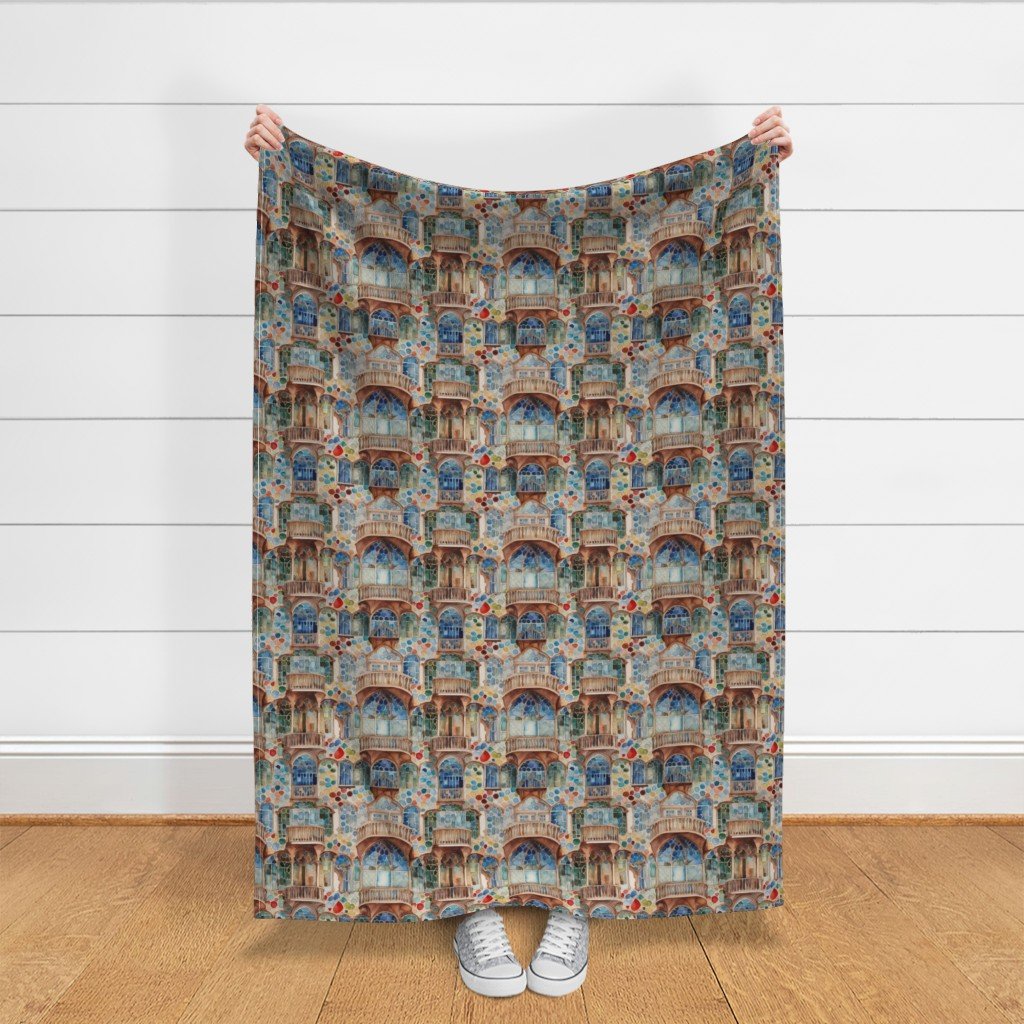 Barcelona House Architectural Detail in Windows Columns Arches Fabric barcelona house fabric