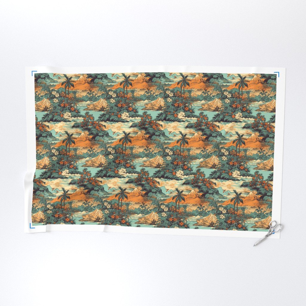 Small Vintage Hawaiian Landscape in Teal and Orange Fabric hawaiian landscape fabric
