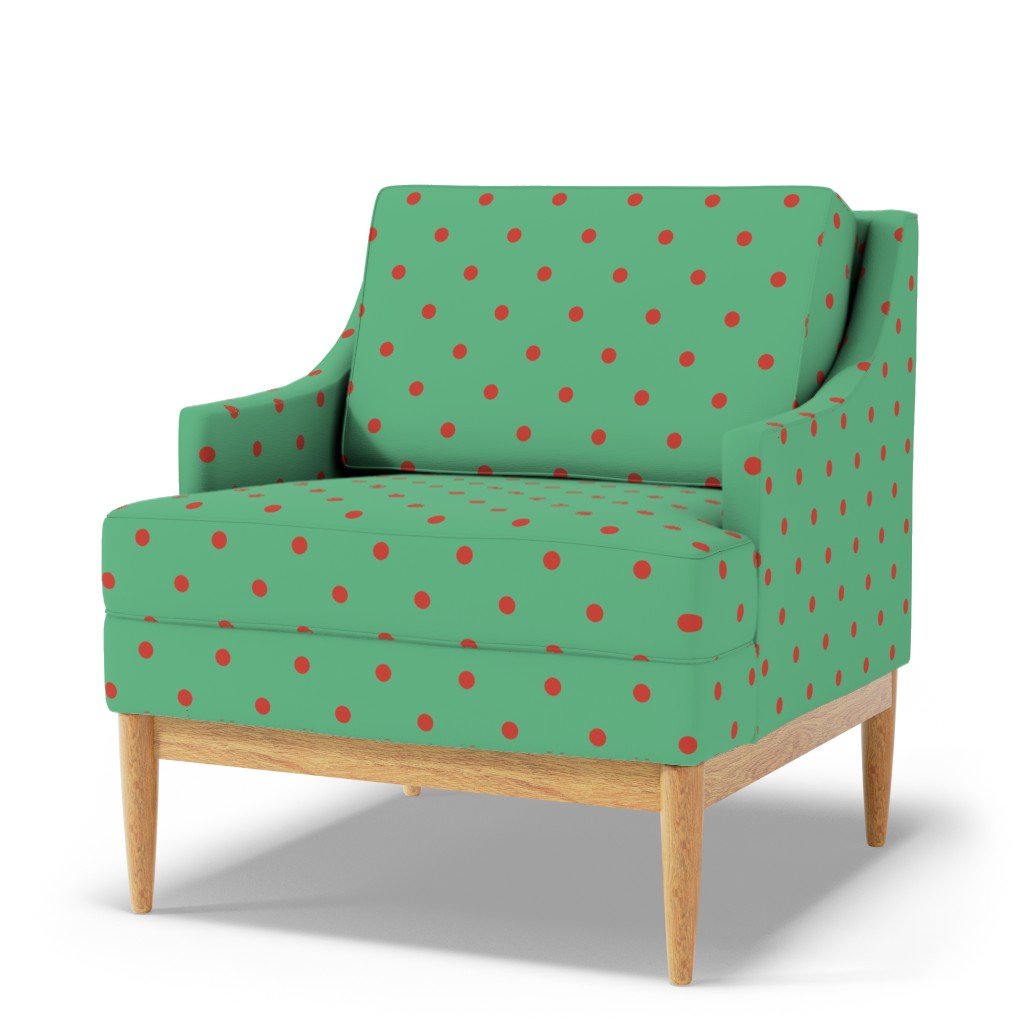 Red Vermillion Polka Dots on Vintage Christmas Green Fabric gold and green fabric