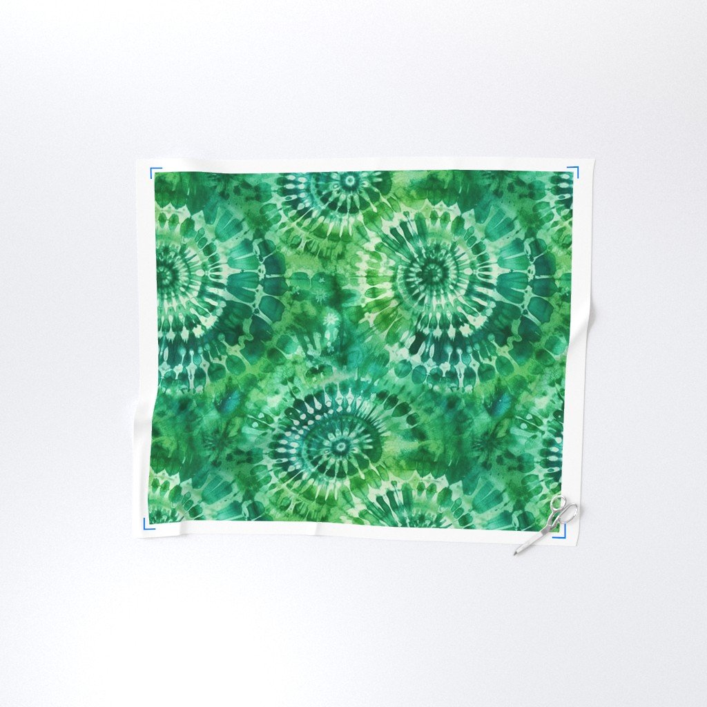 Jumbo Tie Dye Batik in Bright Green Circling Swirls on Teal Fabric dye technique fabric