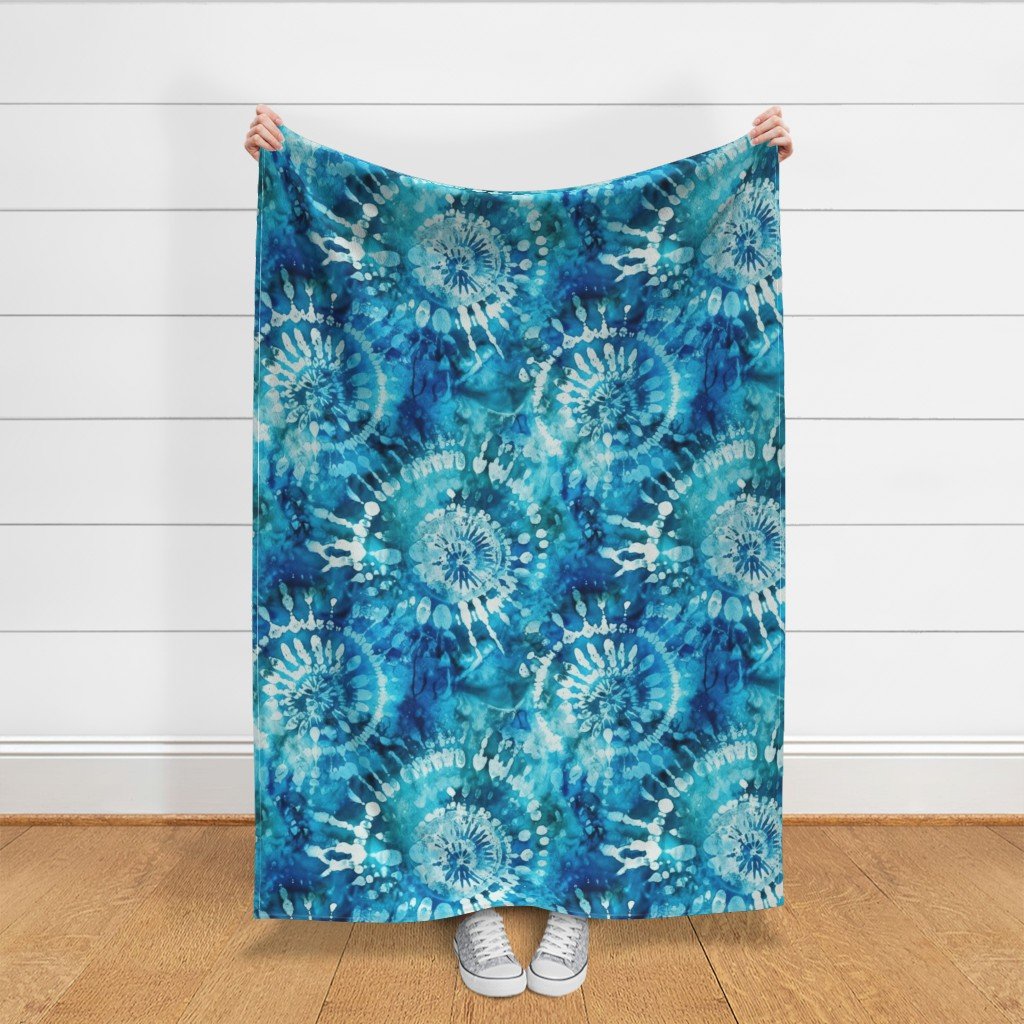 Jumbo Tie Dye Batik in Bright Blue Circling Swirls on Teal Fabric dip dye fabric