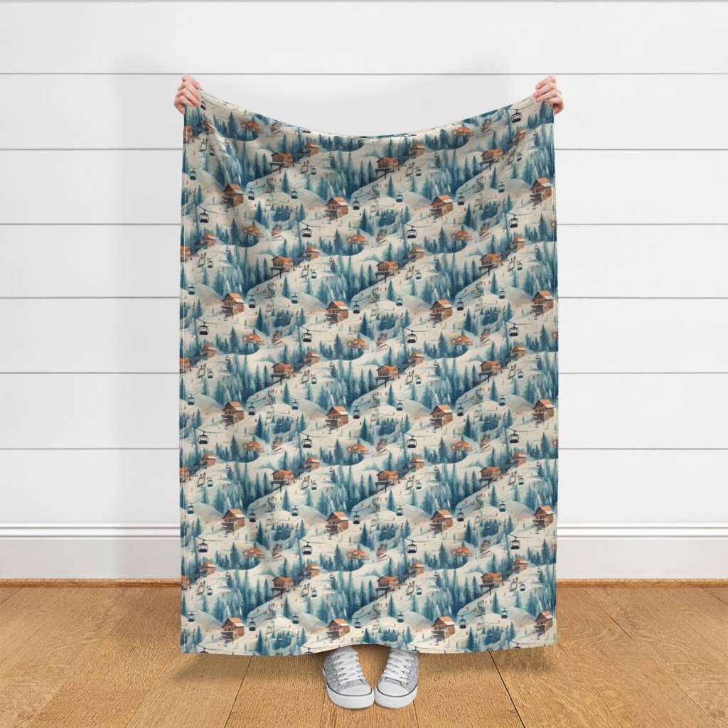 Vintage Ski Slope Cabins in Blue Woods Fabric ski scene fabric