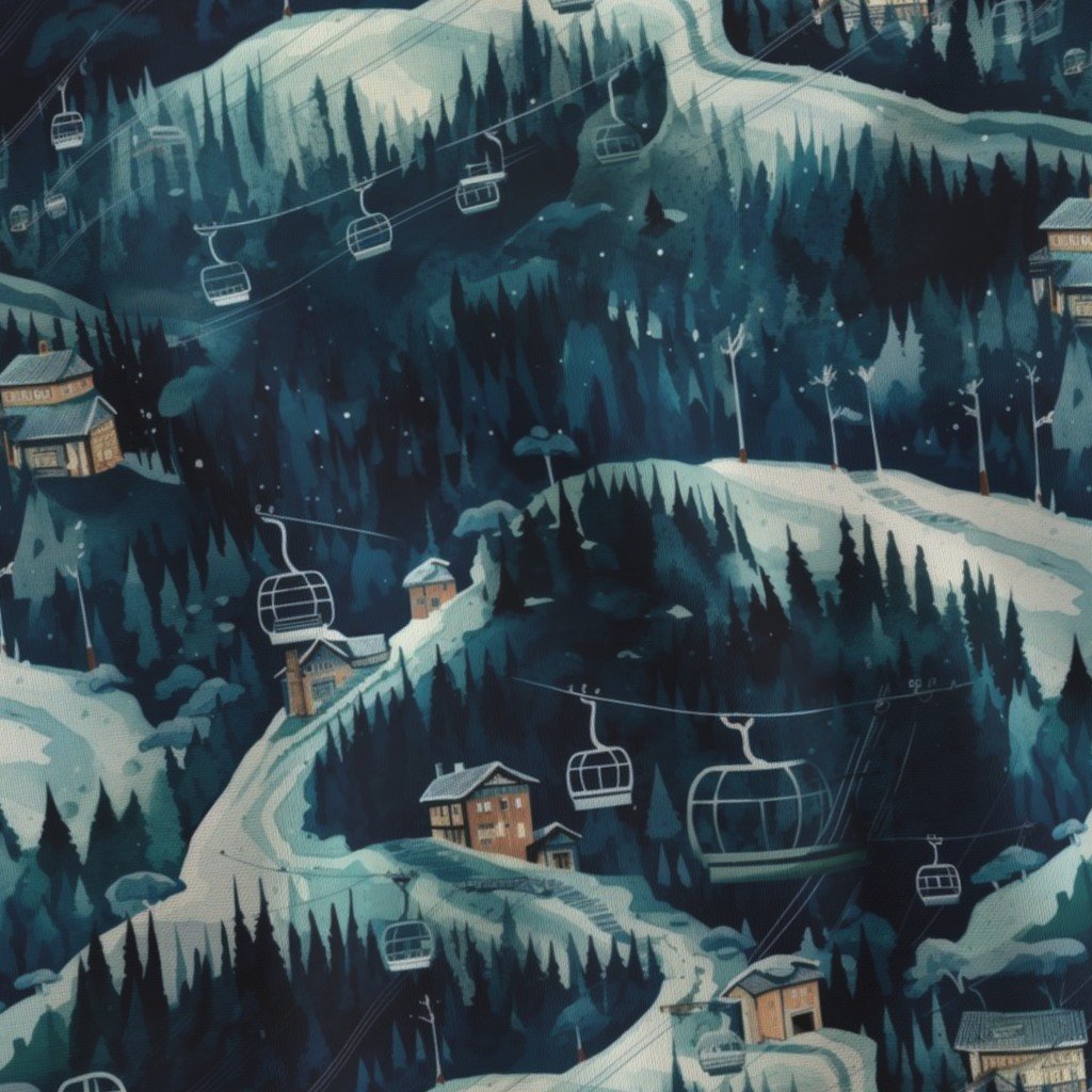 Vintage Ski Slope Cabins in Night Woods Blue Fabric ski print fabric