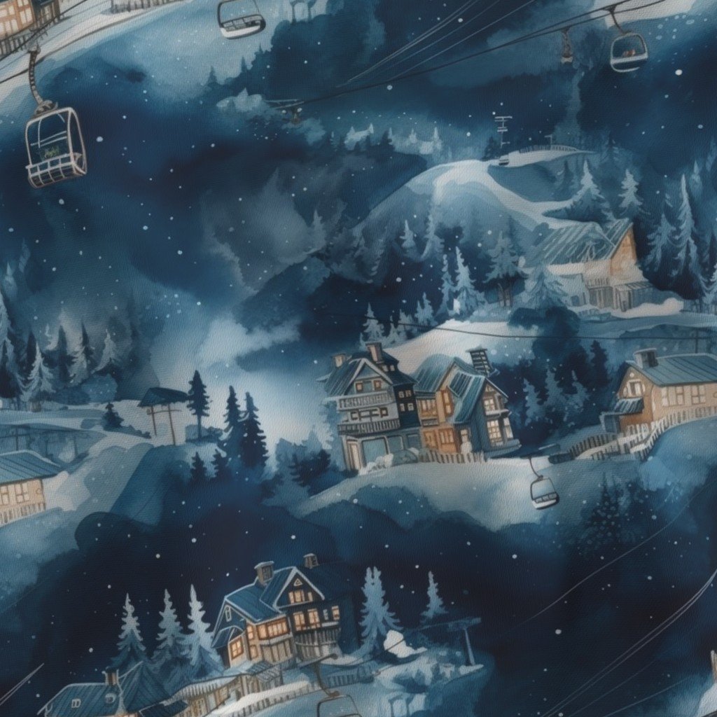 Charming vintage print of ski slope in blue at night Fabric ski print fabric
