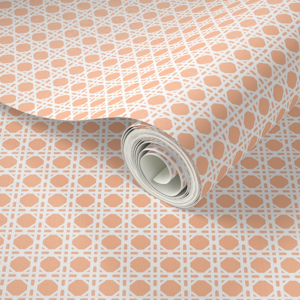 White Caning Wicker Rattan Pattern on Peach Fuzz Color of the Year 2024 Wallpaper peach white wallpaper