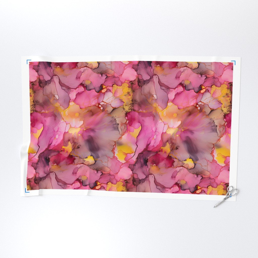 Dawn Pink Yellow and Rose Gold Alcohol Ink Liquid Swirls Fabric dawn pink fabric