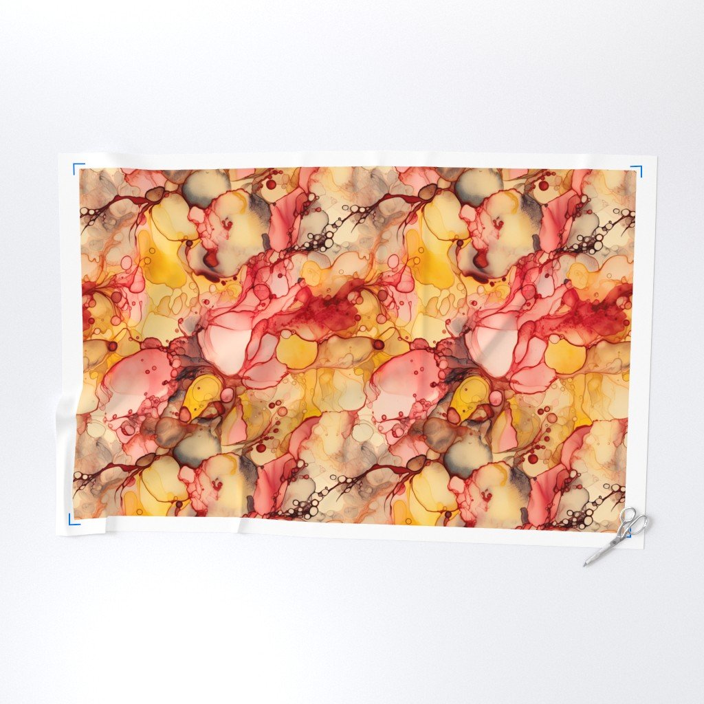 Sunrise Yellow and Peach with Rose Gold Alcohol Ink Liquid Swirls Fabric rose gold fabric