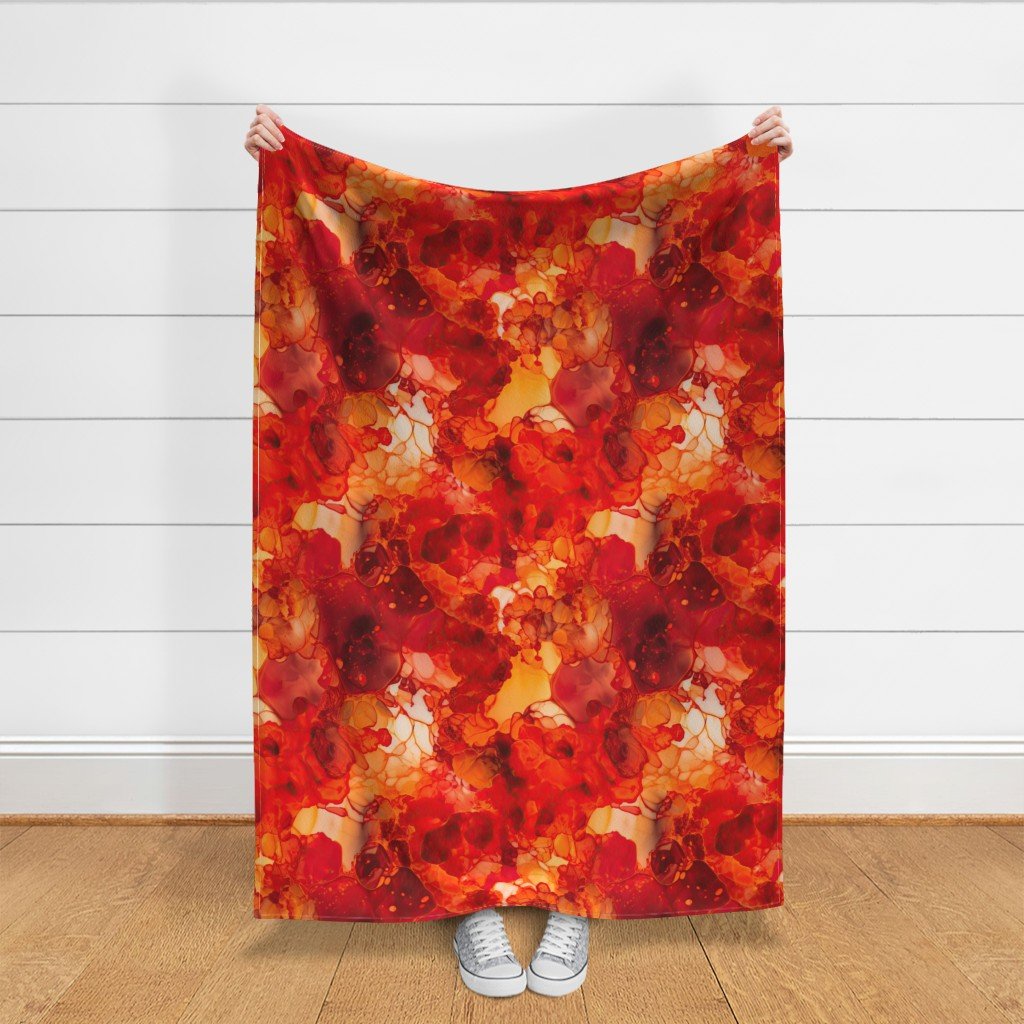 Sunset Orange and Red with Rose Gold Alcohol Ink Liquid Swirls Fabric rose gold fabric