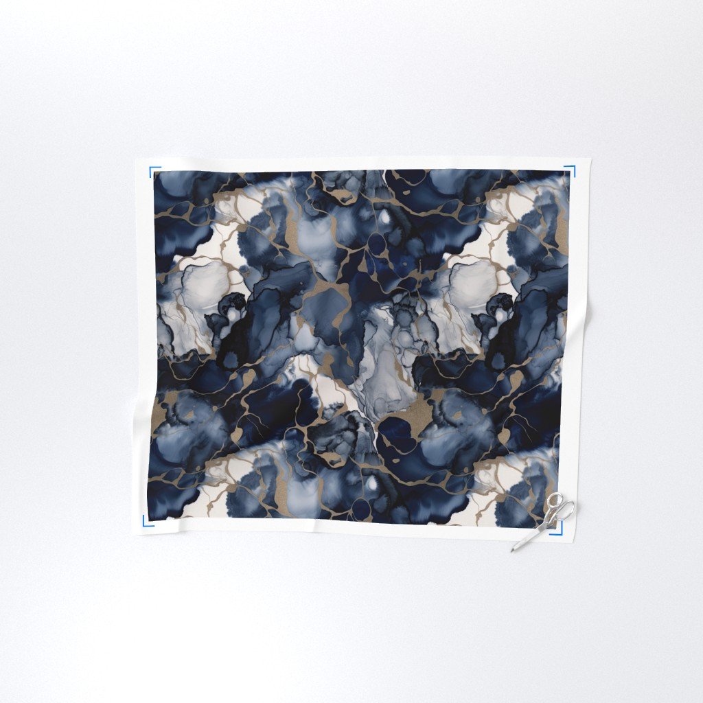 Twilight Navy Blue and Grey with Antique Gold Alcohol Ink Liquid Fabric navy blue ink fabric