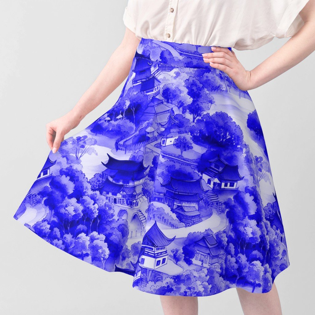 Small Chinese Village in Royal Blue Porcelain Glaze Fabric blue porcelain fabric