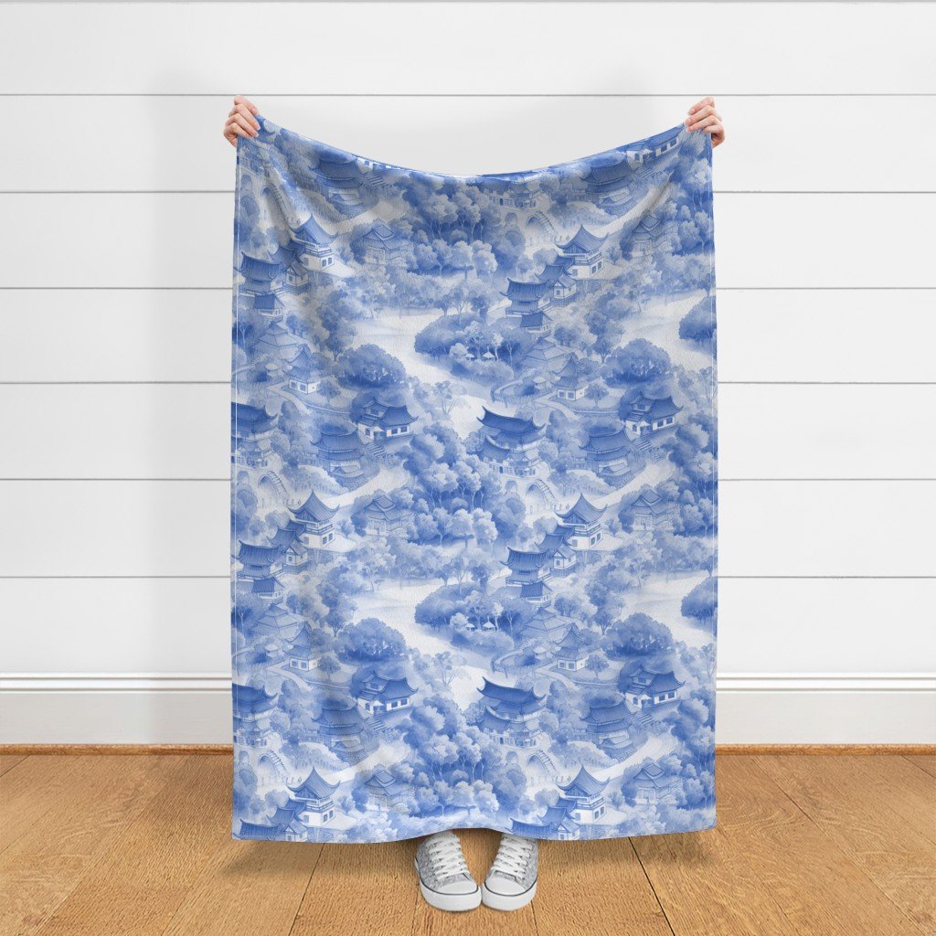 Small Chinese Village in Light Blue Porcelain Glaze Fabric chinese porcelain fabric