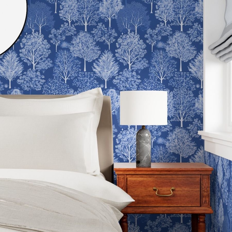 New England Endless Forest Trees Winter Light Blue Porcelain Glaze Wallpaper blue glaze wallpaper