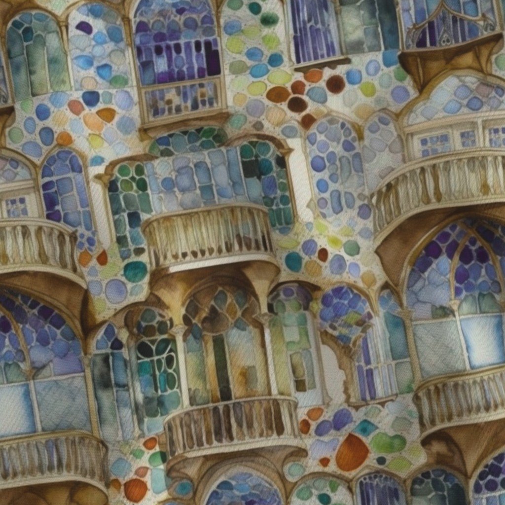 Barcelona House Architectural Detail in Windows Columns Arches and Fabric art nouveau fabric