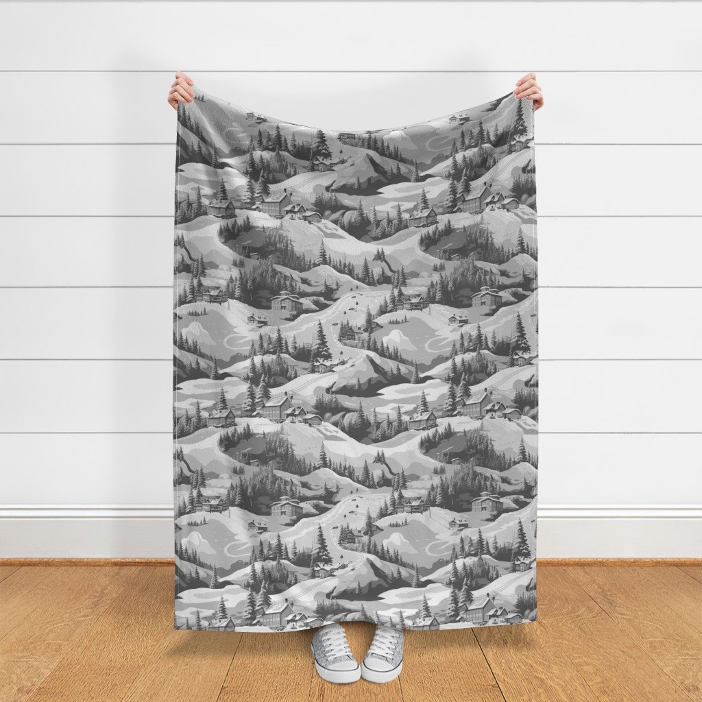 Small Montana Winter Cabins Montana with Evergreens in Grey Fabric montana evergreens fabric