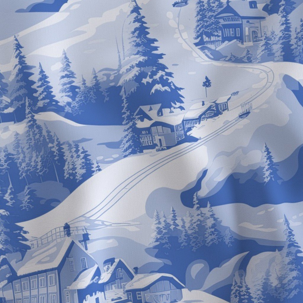 Small Montana Winter Cabins Montana with Evergreens in Mid China Blue Fabric china glaze fabric