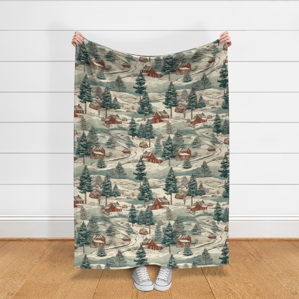 Small Montana Winter Cabins Montana with Evergreens Fabric montana winter cabin fabric