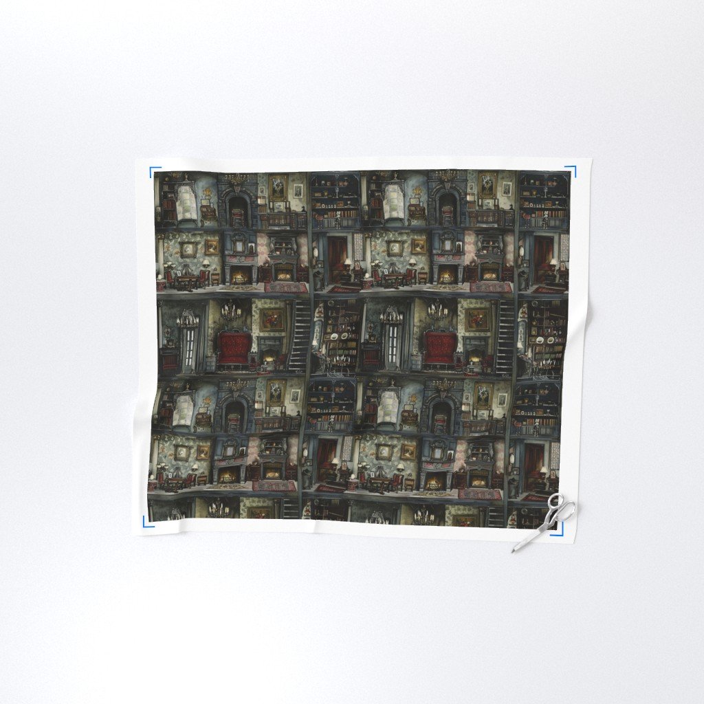 Victorian Gothic Dollshouse with Dark Academia Watercolor Decor 3 Fabric design fabric