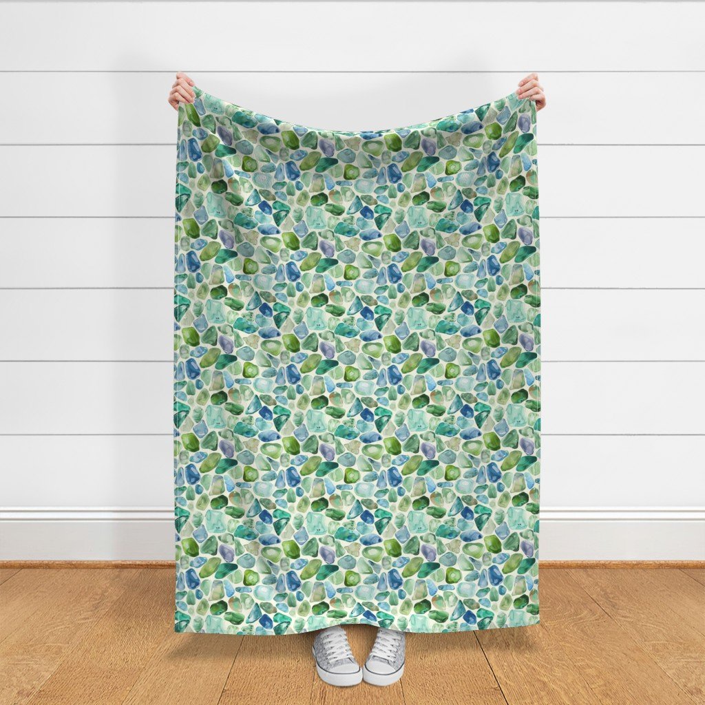 Blue and Green Shards of Tumbled and Scattered Watercolor Seaglass Fabric blue and green fabric