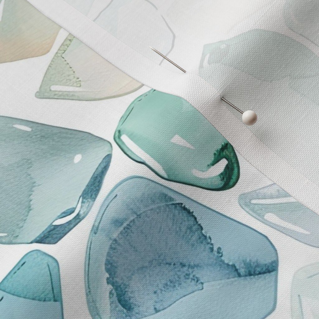 Blue and Aqua Shards of Tumbled and Scattered Watercolor Seaglass Fabric blue aqua seaglass fabric