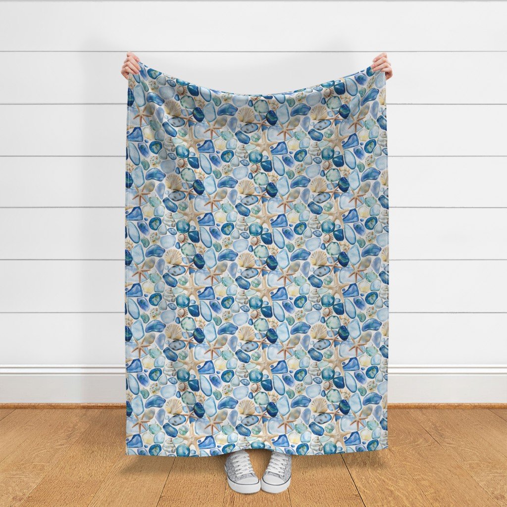 Blue and Sand Seashells and Shards of Tumbled and Scattered Watercolor Home Decor Collection Home Decor Collection sand shell fabric