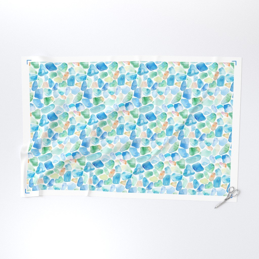 Blue and Green Shards of Tumbled and Scattered Watercolor Seaglass Fabric blue seaglass fabric