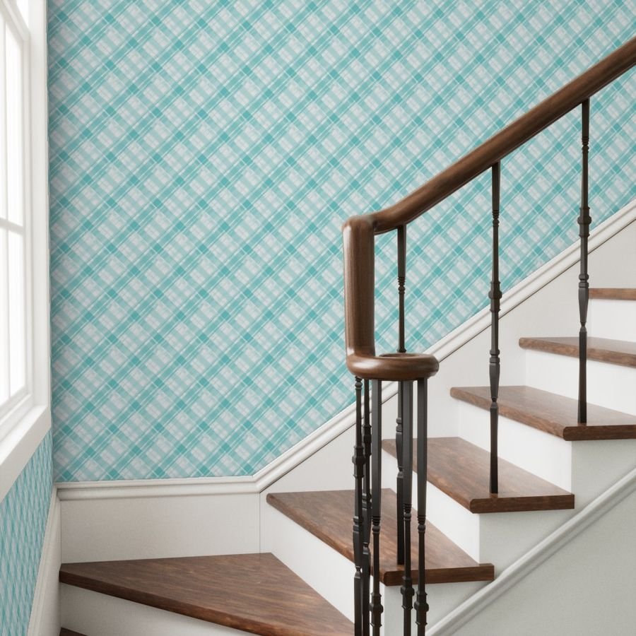 Faded Madras Diagonal Plaid in Aqua Wallpaper faded cotton wallpaper